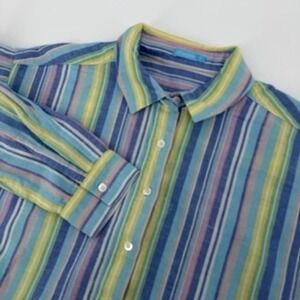 J. McLaughlin Striped Linen Cotton Blend Button Up Shirt Women M Blue Pink Multi